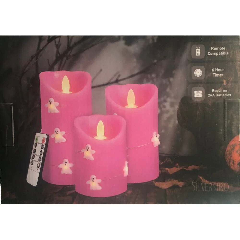Silverstro Halloween Flameless Real Wax Candles Remote Pink Ghosts Set of 3
